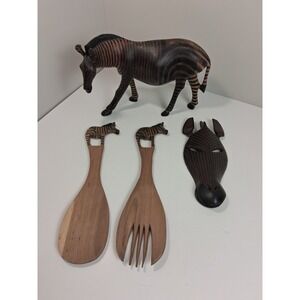 African Hand Carved Zebra Decor Lot 4pc | Figure Mask Salad Servers